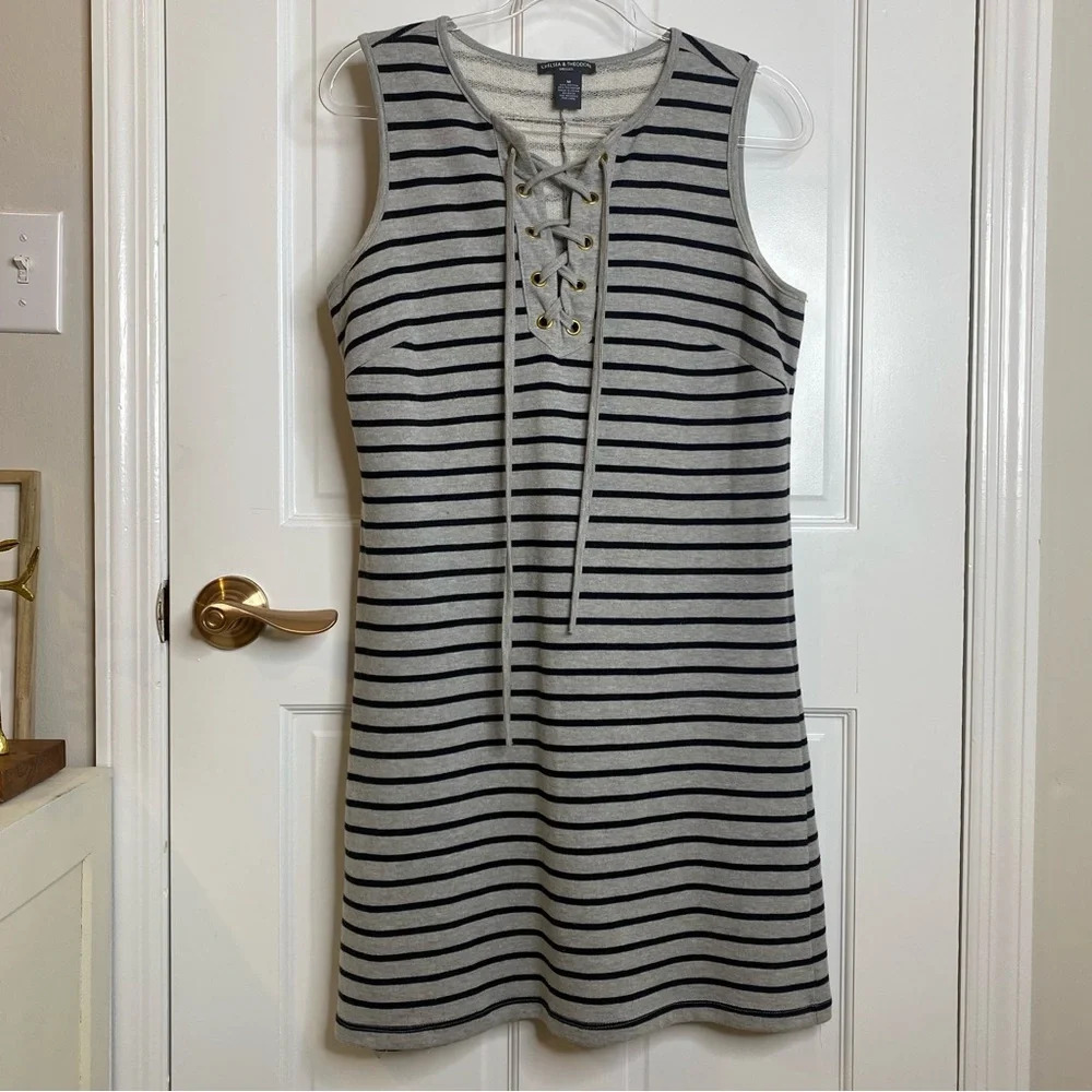 Chelsea & Theodore Striped Cotton Blend Gray & Black Lace Up Comfy Midi âŚ